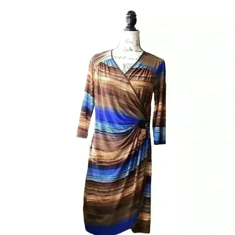 Mlle Gabrielle blue/brown/black gorgeous patterned wrap dress size XL